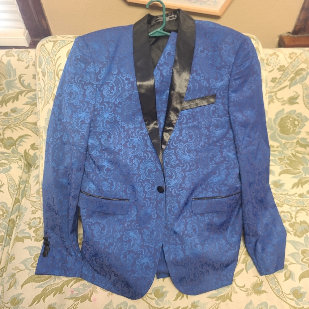 Elegant Blue Brocade Blazer with Black Satin Accents